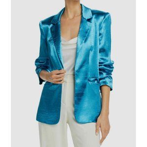 $495 Cinq A Sept Women's Blue Kylie Ruched-Sleeve Satin Blazer Jacket Size 0